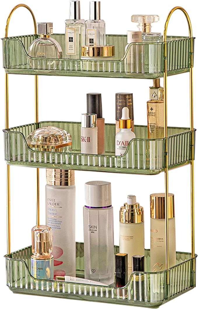 Bathroom Counter Organizer - Countertop Storage, Cosmetics & Skincare Shelf, Makeup & Perfume Organizer, Spice Rack for Kitchen (3 Tier - Green)