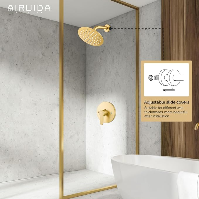 Airuida Shower Faucet Set,Single Function Shower Trim Kit,Wall Mount 6 Inch Round Rainfall Shower Head and Handle Set,Single Handle Shower System Set Male Threads Rough-in Valve Brushed Gold
