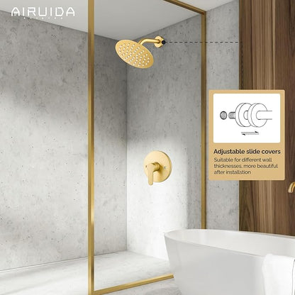 Airuida Shower Faucet Set,Single Function Shower Trim Kit,Wall Mount 6 Inch Round Rainfall Shower Head and Handle Set,Single Handle Shower System Set Male Threads Rough-in Valve Brushed Gold