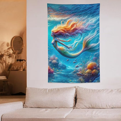 Mermaid Tapestry Ocean Tapestries Coastal Fabric Wall Hanging Aesthetic Space Indoor Outdoor Wall Art Tablecloth Bedspread Decoration for Girl’s Bedroom Dormitory Living Room Home Decor 40"x60"