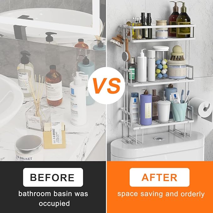 Over The Toilet Storage,3-Tier Bathroom Organizer Shelves with Paper Holder, Multifunctional Toilet Rack,No Drilling Storage Shelf, Home Storage Space Saver Wall Mounting Design,White