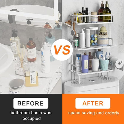Over The Toilet Storage,3-Tier Bathroom Organizer Shelves with Paper Holder, Multifunctional Toilet Rack,No Drilling Storage Shelf, Home Storage Space Saver Wall Mounting Design,White