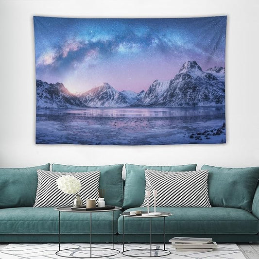 HZOHNAGO Mountain Tapestry Aurora Snow Mountain Sunset Pattern Printed Wall Tapestry Wall Hanging for Bedroom Living Room Dorm 90" W x 60" H