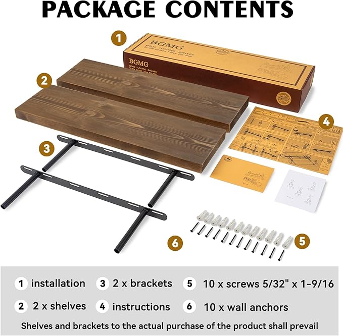 BGMG Wood Floating Shelves for Wall 24 inch Set of 2, Rustic Wooden Wall Mount Shelves for Bathroom Living Room Bedroom Kitchen Farmhouse -24x 6.7 x1.25 inch- Walnut Color