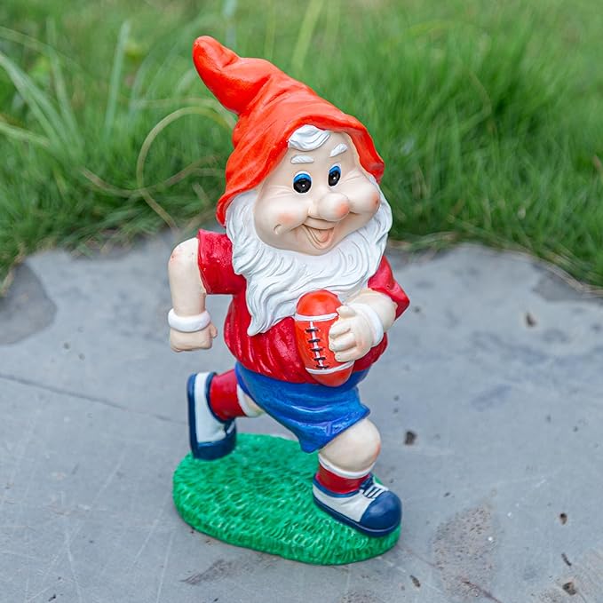 Outdoor Gnome Sculpture Garden Gnome Rugbyl Player Statue, 9.8" Tall Resin Outdoor Decoration, Red and Blue Sports Theme The for Rugby Enthusiasts