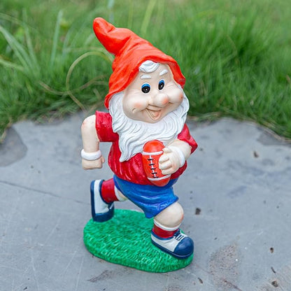 Outdoor Gnome Sculpture Garden Gnome Rugbyl Player Statue, 9.8" Tall Resin Outdoor Decoration, Red and Blue Sports Theme The for Rugby Enthusiasts