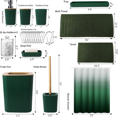 Dark Green Bathroom Set - Green Bathroom Accessories Set, 24PCS Bathroom Accessory Set with Shower Curtain, Bath Towels, Trash Can, Soap Dispenser, Green Bathroom Accessories for Home