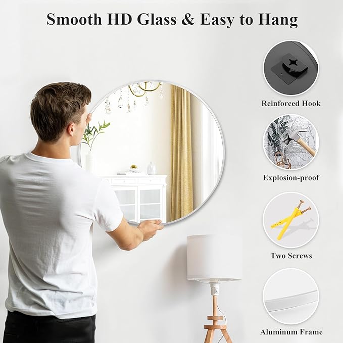 Fabuday Silver Round Mirror for Wall 24 inch - Circle Mirror for Bathroom, Entryway, Living Room, Hallway, Vanity Decor, Small Matte Metal Frame Mirrors