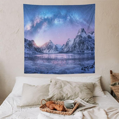 HZOHNAGO Mountain Tapestry Aurora Snow Mountain Sunset Pattern Printed Wall Tapestry Wall Hanging for Bedroom Living Room Dorm 60" W x 60" H
