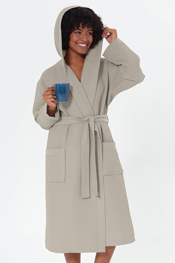 Women’s Luxury Waffle Shawl Collar, Hooded Robe w Piping – Lightweight, Long, Ultra Soft Spa Sleepwear Bathrobe
