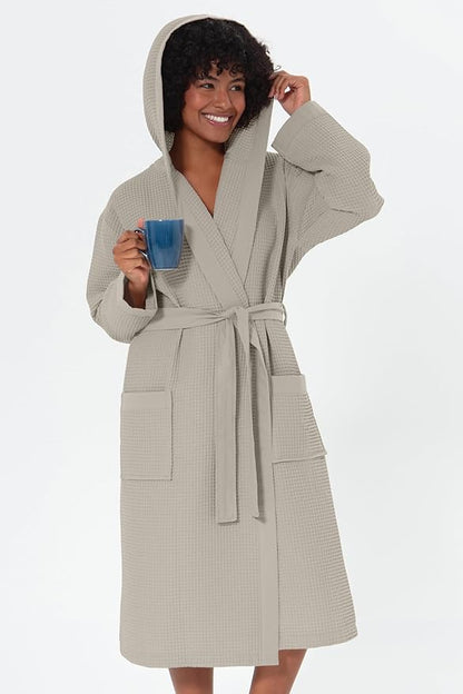 Women’s Luxury Waffle Shawl Collar, Hooded Robe w Piping – Lightweight, Long, Ultra Soft Spa Sleepwear Bathrobe