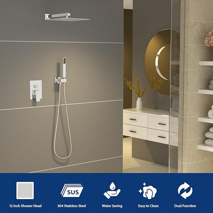 Sarlai Shower Faucet Set Bathroom Square Rainfall Shower Head and Handle Combo Wall Mounted Shower Faucet with Valve 12 Inch Shower Head Trim Systems Chrome