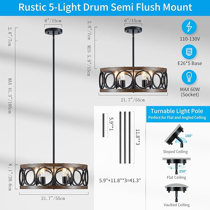 XINGQI 21.7'' Modern Chandelier, Farmhouse Drum Chandeliers for Dining Room Living Room Bedroom 5-Light Pendant Lighting Round Black Metal Antique Wood Grain Finish Adjustable