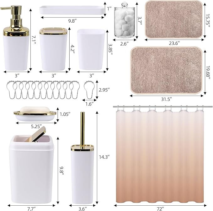 Bathroom Accessory Set–Bathroom Set with Shower Curtain and Rugs, No Slip Bathroom Rugs Super Absorbent,White Ombre Waterproof Shower Curtain with Hooks, White Bathroom Sets Complete for Home