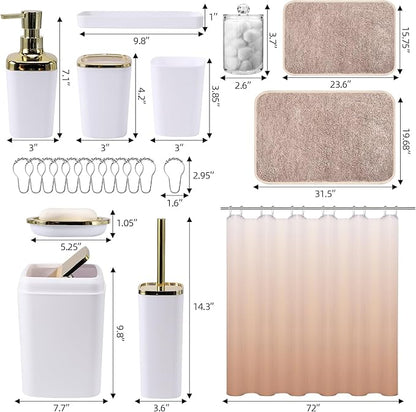 Bathroom Accessory Set–Bathroom Set with Shower Curtain and Rugs, No Slip Bathroom Rugs Super Absorbent,White Ombre Waterproof Shower Curtain with Hooks, White Bathroom Sets Complete for Home