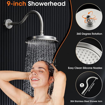 Rainfall Shower System Shower Faucet Set with Rain Shower Head and Handheld Spray Wall Mounted Bathroom Luxury Mixer Combo Set Rough-in Valve Body and Trim Included 9 inch Brushed Nickel