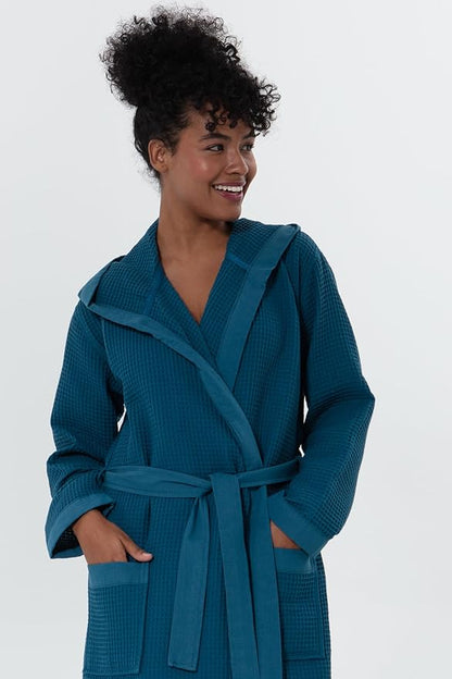 Women’s Luxury Waffle Shawl Collar, Hooded Robe w Piping – Lightweight, Long, Ultra Soft Spa Sleepwear Bathrobe