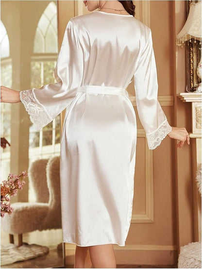 OYOANGLE Womens Silk Robe Long Lace Trim Satin Kimono Sleeve Sexy Soft Lightweight Vacation Sleepwear Robe