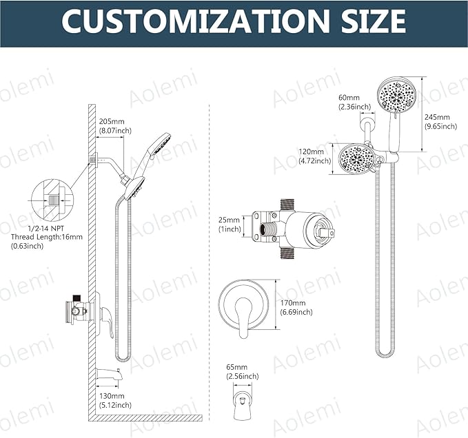 Aolemi Tub Shower Faucet Set with Tub Spout Rain Shower Head System Shower Trim Kit Pressure Rough-in Valve Included ABS 8 Setting Dual Shower Head and Handheld Spray Brushed Gold