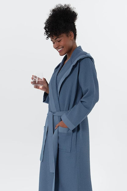Women’s Luxury Waffle Shawl Collar, Hooded Robe w Piping – Lightweight, Long, Ultra Soft Spa Sleepwear Bathrobe