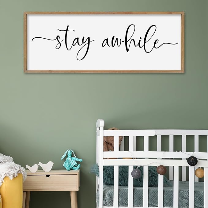 SRSZHIYUE Stay Awhile Sign Wall Decor Art 40"×15" Home Entryway Hallway Signs Large Wood Framed Wall Hanging (Wood)