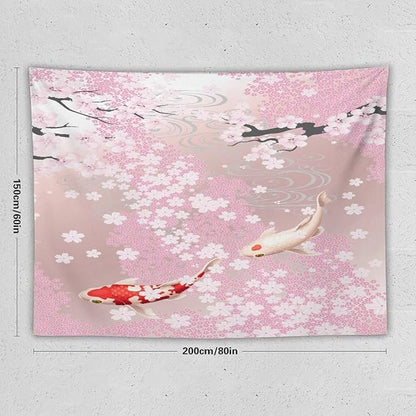 Houselerax Japanese Koi Fish Tapestry, Cherry Blossoms Asian Oriental Pink Flower Branch Koi Fish Carp Tapestries Wall Hanging for Bedroom Living Room Office Decor 80"x60"