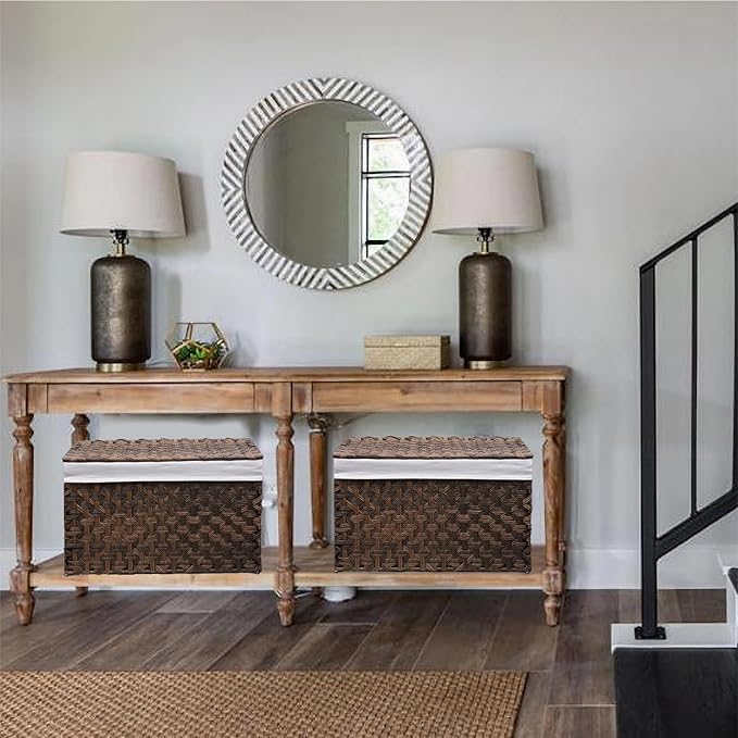 Wicker Storage Basket with Lid, 17.2 Gallon (65L) Small Blanket Basket with Lid, Woven Storage Bin with Handles, Removable Liner, Metal Frame, Foldable, for Bedroom, Laundry Room, Brown