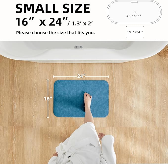 Bathroom Mat Quick Dry, Bathroom Rugs Non Slip Washable Thin Absorbent Bath Mat Fits Under Door Bathroom Floor Mat Perfect for Bath, Shower, or Sink 16"x24" Denim Blue