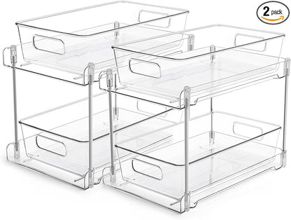 Vtopmart 2 Tier Bathroom Storage Organizer, 2 Pack Clear Under Sink Organizers Vanity Counter Container, Cabinet Drawers Bins, Pull-Out Organization with Track for Pantry, Kitchen