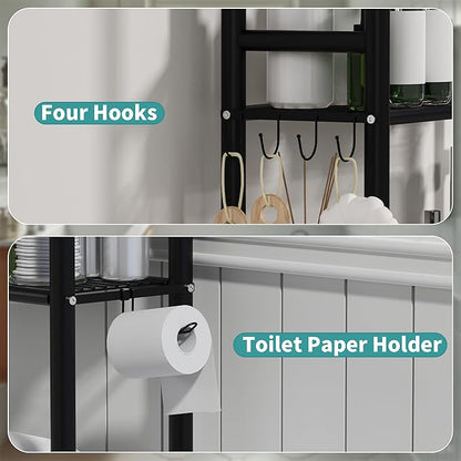 3-Tier Over The Toilet Storage with Paper Holder, Metal Bathroom Organizers and Storage for Small Space, Freestanding Bathroom Shelves with 4 Hooks, Above The Toilet Storage Shelf, Black