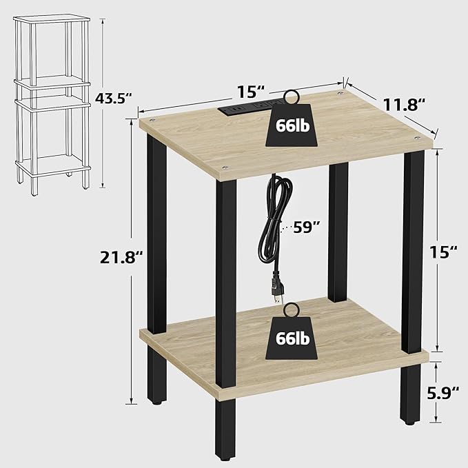 TUTOTAK End Table with Charging Station, Set of 2, Small Side Table with Outlets, Nightstand Bedside Table, 2-Tier Storage Shelf for Small Space, Living Room, Bedroom Oak TB01BO041