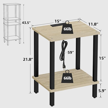 TUTOTAK End Table with Charging Station, Set of 2, Small Side Table with Outlets, Nightstand Bedside Table, 2-Tier Storage Shelf for Small Space, Living Room, Bedroom Oak TB01BO041