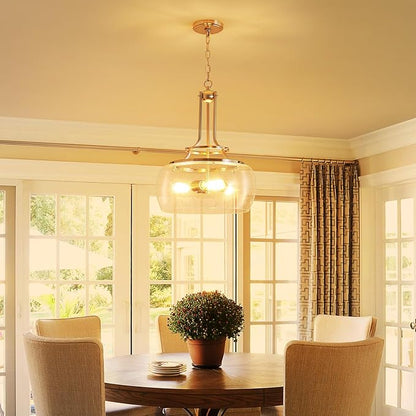 WUZUPS Chandelier Rustic Farmhouse Industrial Round Ceiling Pendant LED Light Fixture Clear Seeded Glass Shade for Dining Room Kitchen Island Foyer Entryway, H 20.9" x W 15.9", Brushed Nickel