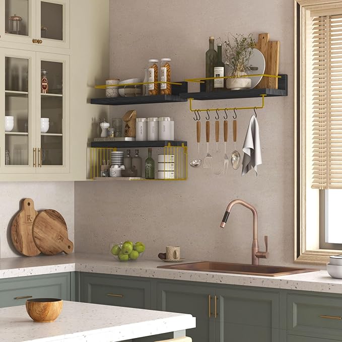 Bathroom Shelves Over Toilet for Wall, Floating Shelves with Storage Basket Paper Holer for Kitchen Living Room, Bedroom & Classroom, Set of 3 (Black and Gold)