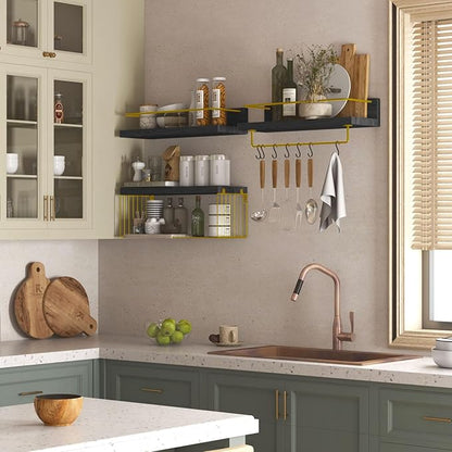 Bathroom Shelves Over Toilet for Wall, Floating Shelves with Storage Basket Paper Holer for Kitchen Living Room, Bedroom & Classroom, Set of 3 (Black and Gold)