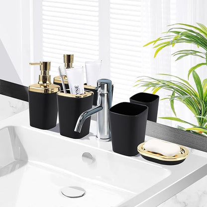 Black Bathroom Accessories Set, Black and Gold Bathroom Accessories with Trash Can, Tray, Soap Dispenser, Soap Dish, Toothbrush Holder, Toothbrush Cup,Toilet Brush and Qtip Holders