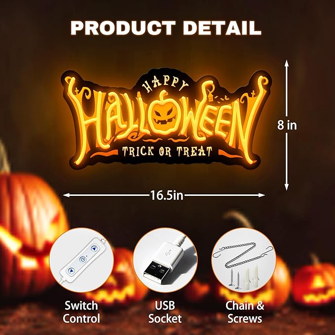 SELICOR Happy Halloween Neon Signs for Wall Decor,Halloween Pumpkin Neon Light Sign,USB Powered Light Up Acrylic LED Sign With Hooks for Bedroom,Kids Room,Living Room,Bar,Party,Halloween Decor