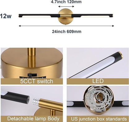 BONLICHT Bathroom Light Fixtures Over Mirror 24 Inch, 12W 350°Rotatable Dimmable 2700-5500K LED Wall Vanity Light Bar Black and Brushed Brass Modern Bathroom Vanity Lights picture and display lighting