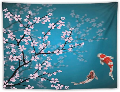 Japanese Koi Fish Tapestry, Cherry Blossoms Asian Oriental Green Teal Flower Branch Koi Fish Carp Tapestries Wall Hanging for Bedroom Living Room Office Decor 40"x30"