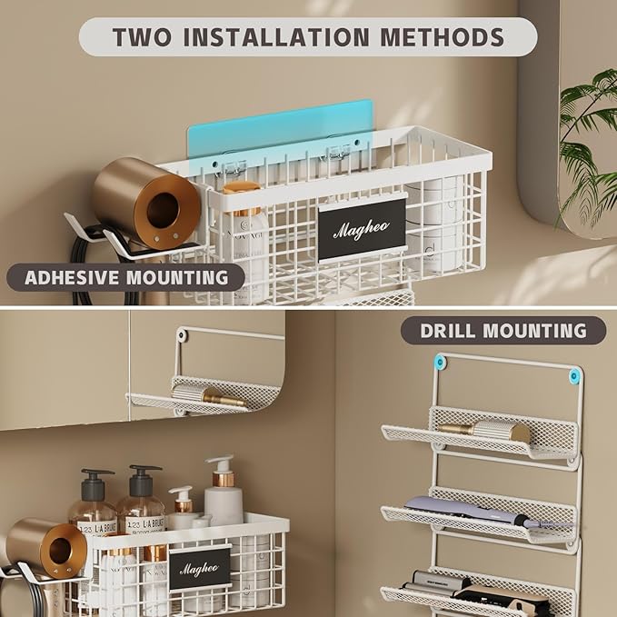 Hair Dryer Holder Wall Mounted, Adheisve Hair Styling Tool Organizer for hair Brush/Appliance Wall Mount with 5 Tier Shelf Basket Hooks Blow Dryer and Straightener Holder for Bathroom(White)