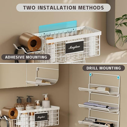 Hair Dryer Holder Wall Mounted, Adheisve Hair Styling Tool Organizer for hair Brush/Appliance Wall Mount with 5 Tier Shelf Basket Hooks Blow Dryer and Straightener Holder for Bathroom(White)