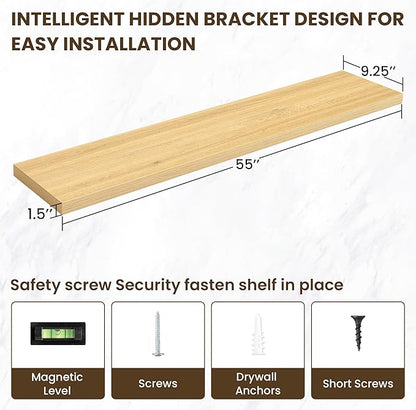 55 Inch Floating Shelves, 3D Textured Wood Grain, 55"x9.25"x1.5" Inch Deep Floating Shelves for Wall, Wooden Shelves for Bathroom, Bedroom, Living Room, Natural