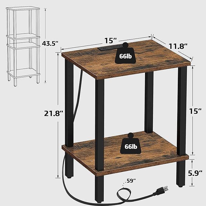 TUTOTAK End Table with Charging Station, Side Table with USB Ports and Outlets, Nightstand, 2-Tier Storage Shelf, Sofa Table for Small Space, 1 Package（2PCS） TB01BB041