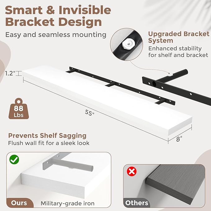 55 Inch Floating Shelves for Wall Set of 2, 8"D Wood Grain Bathroom Shelves with Invisible Brackets, Easy Install Engineered Wood Storage Shelves for Kitchen, Living Room, Bedroom, White Finish