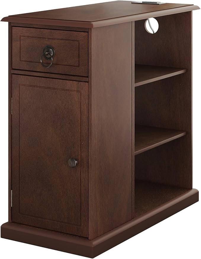 ChooChoo Farmhouse XXL End Table with Charging Station，Narrow Sofa Side Table with Adjustale Shelf, 3 Tier Rustic Night Stand for Small Place Living Room, Cherry Brown