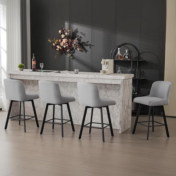 Swivel Bar Stools Set of 4, 26''H Upholstered Barstools with Backs, Modern Counter Height Bar Stool Chairs for Kitchen Island, Metal Legs, Fabric, Light Gray Counter Stools