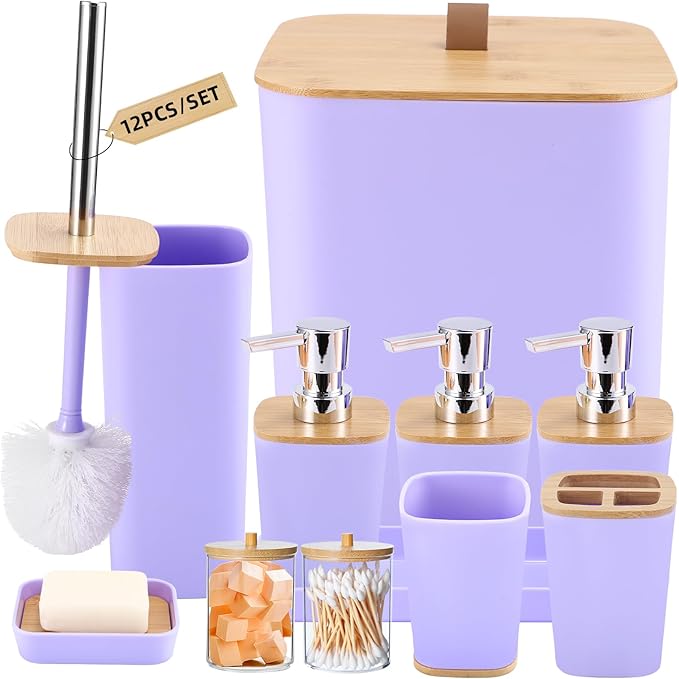 Purple Bathroom Accessories, Bathroom Accessories Set with Trash Can, Soap Dispenser, Toothbrush Holder, Toothbrush Cup, Soap Dish, Toilet Brush, Tray and Q-tip Holders for Housewarming