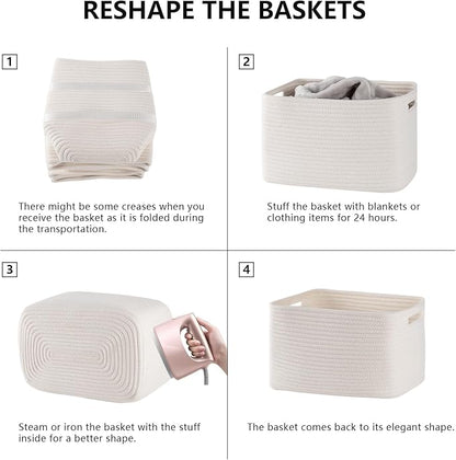 4 Pack Storage Baskets for Organizing, Woven Baskets for Shelves - Perfect for Toys, Books, Towels, and Clothes, Durable Gift Basket Bins Toy Storage, 12.7''L x9''W x7.8''H, White