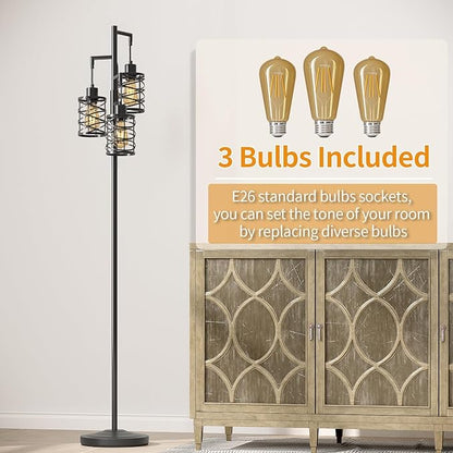 Oneach 70" Industrial Floor Lamp, Stepless Dimmable Standing Lamp with 3 Bulbs, Farmhouse Corner Standing Tree Lamp for Living Room, Tall Lamps for Bedroom, Office, Study Room, Dining Room, Black