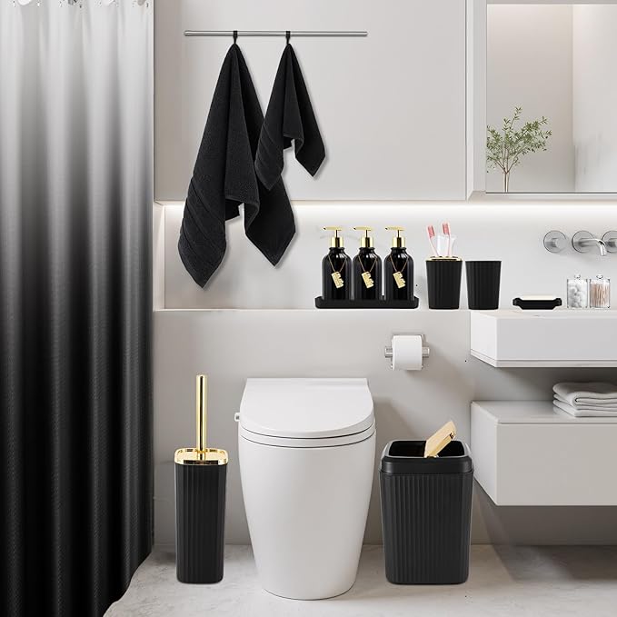 32PCS Black Bathroom Accessories Bathroom Set,Black Shower Curtain, Bath Towel Set,Hand Towel,Toilet Brush,Trash Can & 3PCS Soap Dispensera
